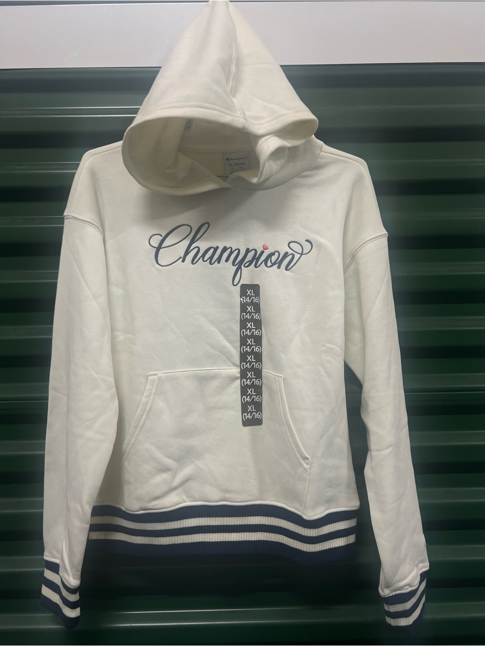Champion White Hoodie with Navy Accents Size XL (14/16) New